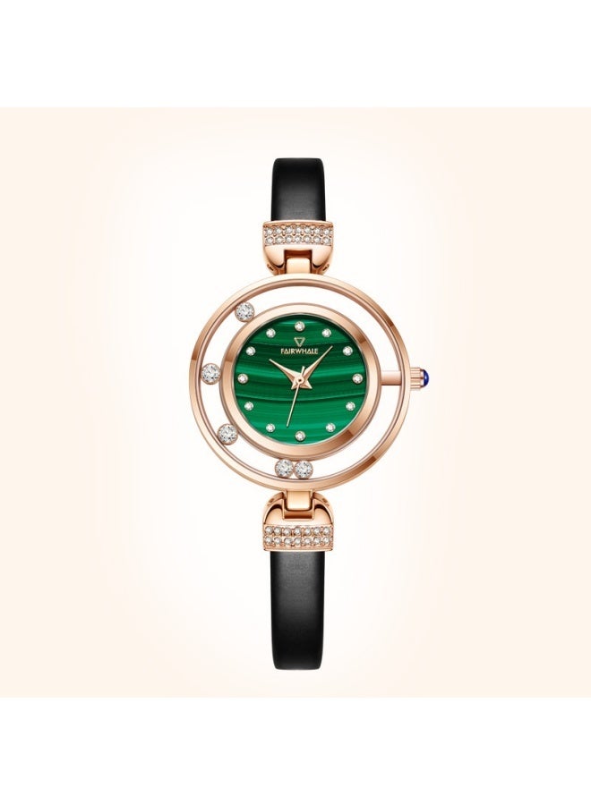 Mark Fairwhale Women's Diamond-Decorated Quartz Watch, Green Dial with Black Leather Strap and Gold Case, Water-Resistan - Image 1